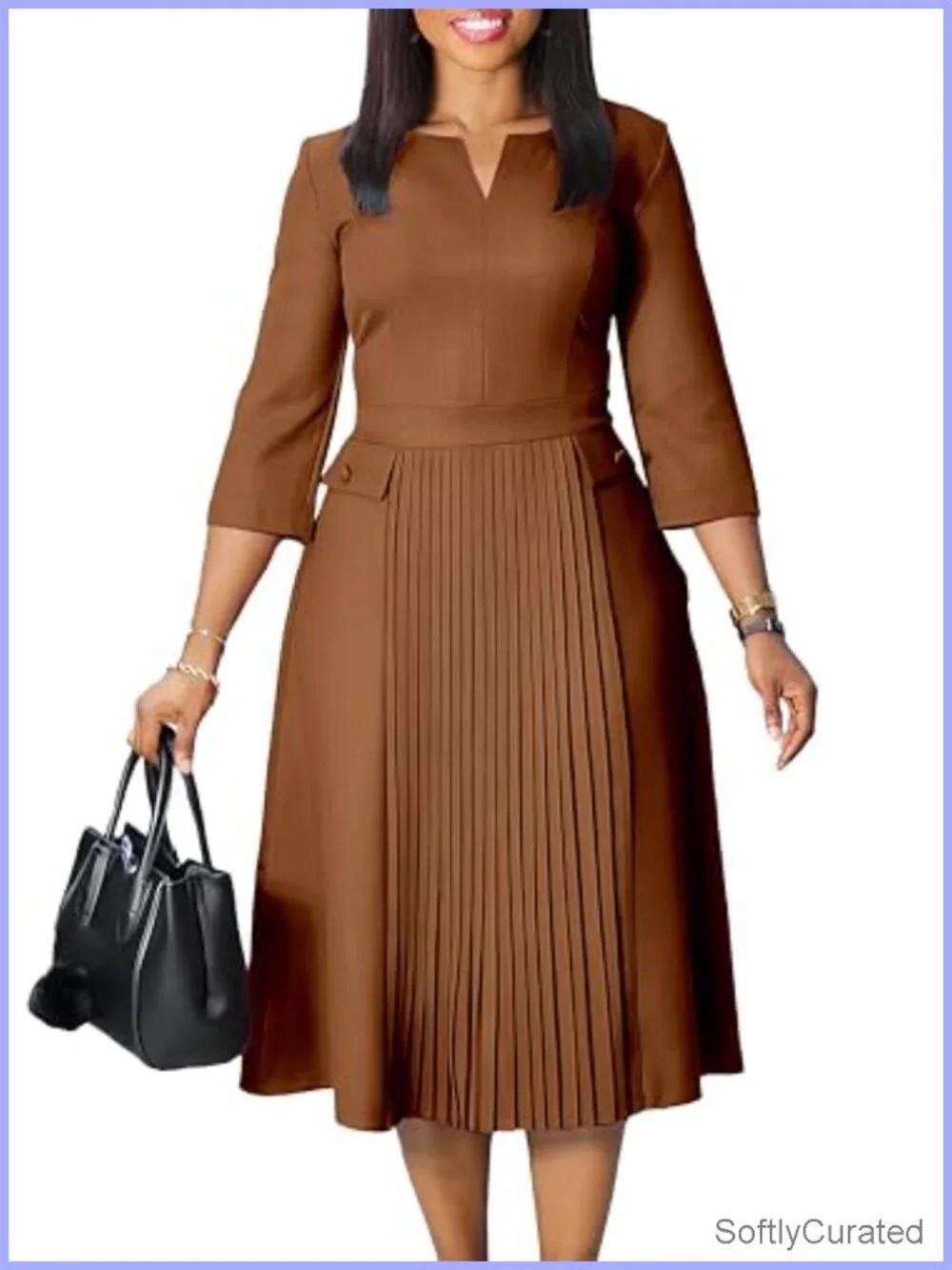 Wear to Work Midi Dress A-line 3/4 Sleeve V-Neck Business Casual